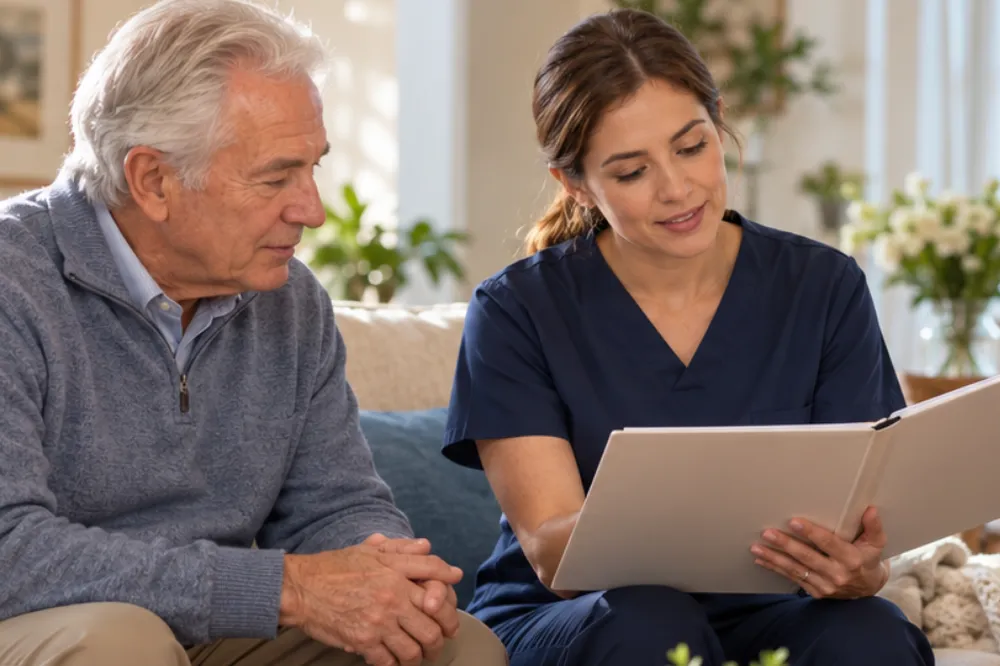 A nurse going through paperwork with an older man and his family