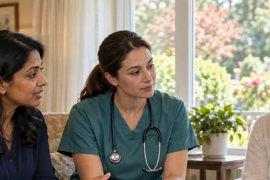 A home health nurse meeting an older woman and her family at home